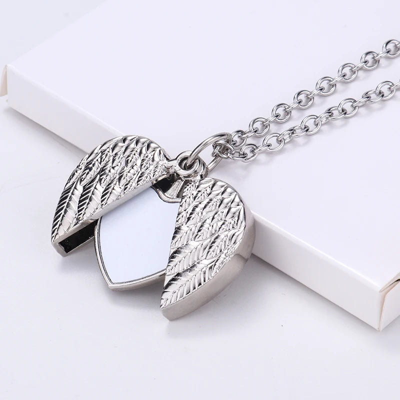 Valentine's Day Made Opened Photo Picture Angel Wings Locket Pendant Living Memory Photo Sublimation Locket Necklaces