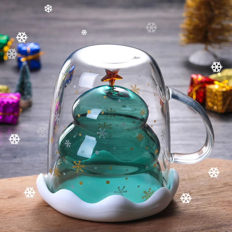 250ML Double Wall Glass Coffee Cup Merry Christmas Gifts Borosilicate Glass Tea & Coffee Cups Shaped Like a Christmas Tree