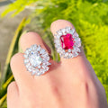 Exquisite Silver Plated Bling Red Cubic Zirconia Luxury Engagement Party Jewelry Big Sun Flower Finger Open Cuff Rings for Women