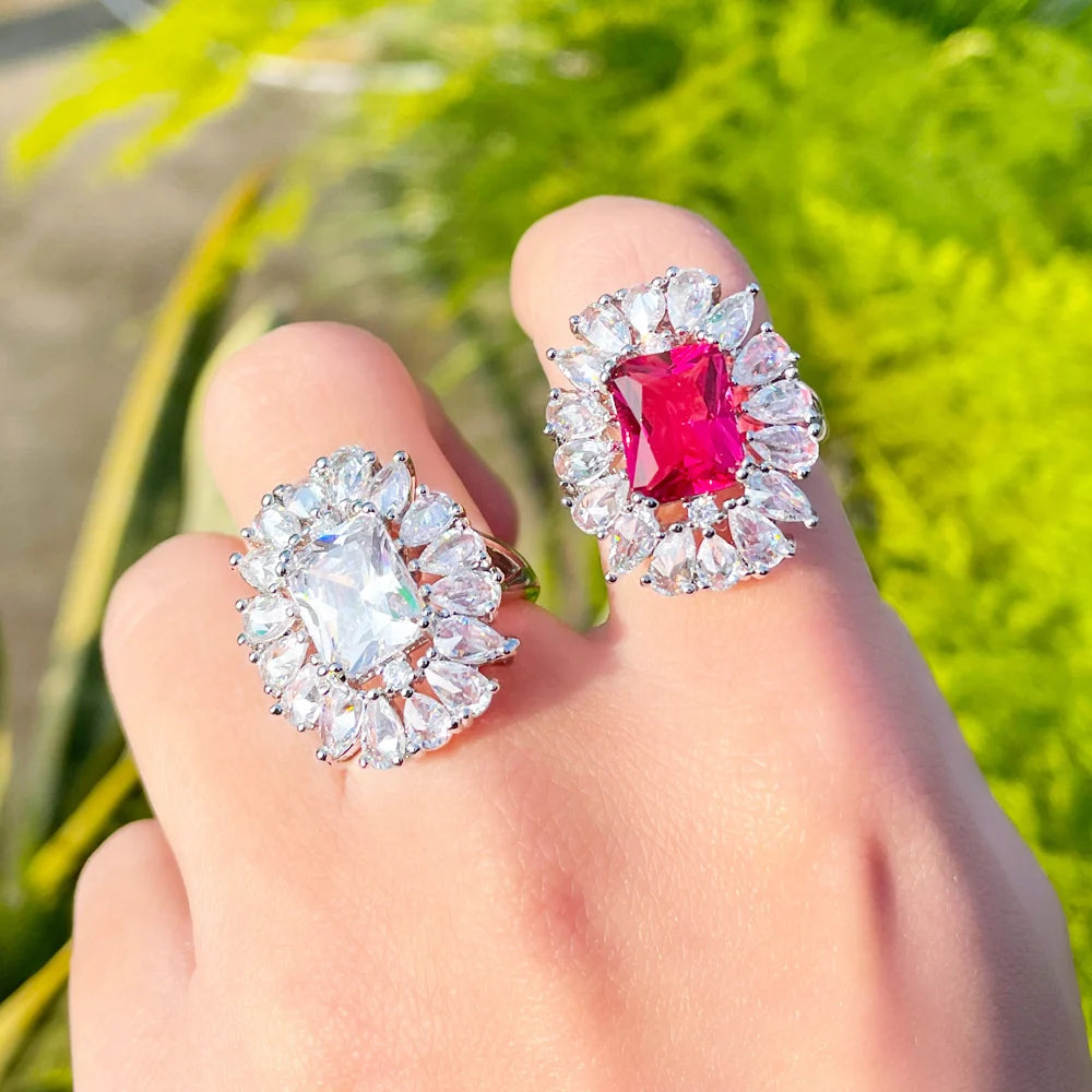 Exquisite Silver Plated Bling Red Cubic Zirconia Luxury Engagement Party Jewelry Big Sun Flower Finger Open Cuff Rings for Women