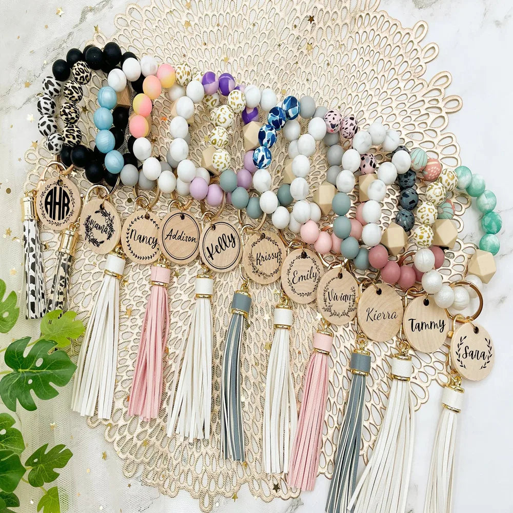 Hot Sale Wood Disc Blank Pu Tassel Cow Leopard  Beads Boho Wristlet Natural Flora Silicone Bracelet Keychain