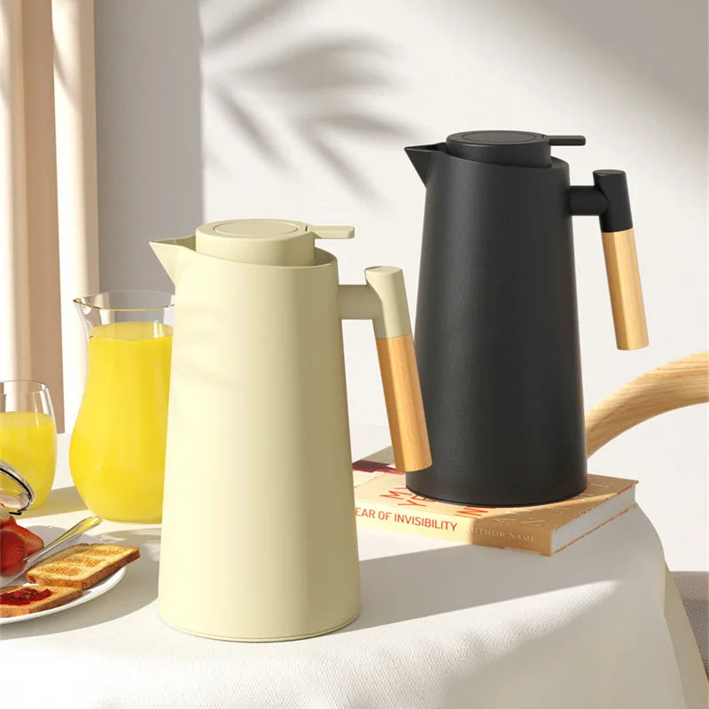 New Arrival Nordic Style 1L Double Wall Vacuum Glass Inner PP Plastic Portable Water Kettle Wooden Handle Coffee Pot 6-12 Hours
