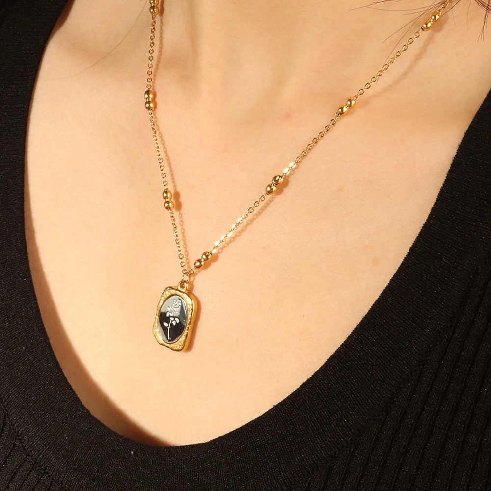 Chris April 316L Stainless Steel PVD Plated Vintage Mirror Flower Pendant Satellite Chain Necklace