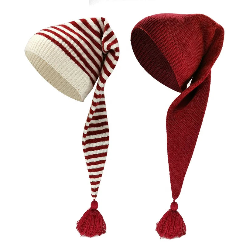 Long Luxury Designer Stripe Kids & Adults Knitted Fashion Christmas Party Hats with Holiday Winter Wool Xmas