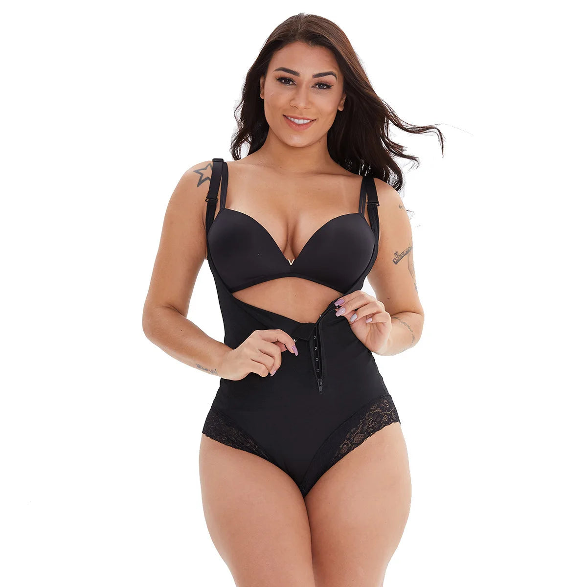 Women's Tummy Control Open Bust with Adjustable Straps Bodysuit Shapewear with Front Zipper Closure and Lace Trim Shapewear