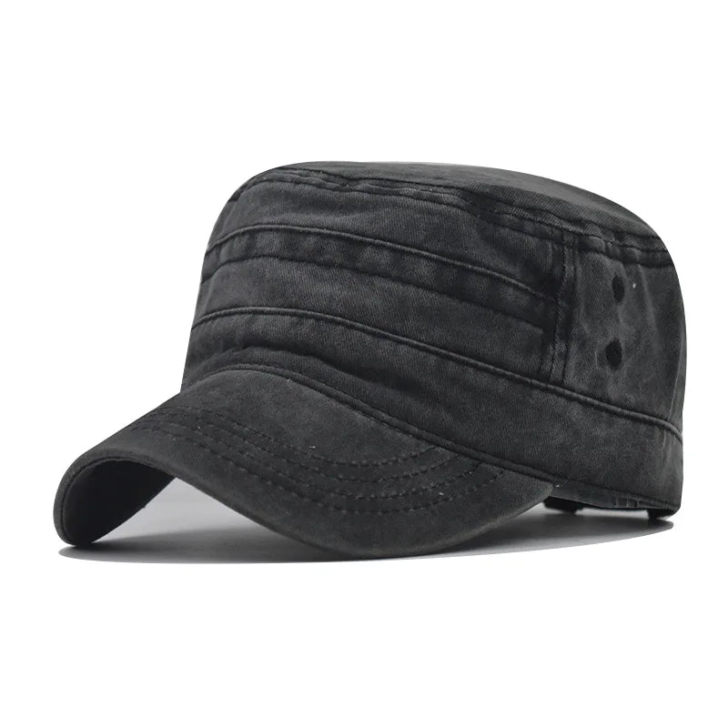 Flat Top Washed Cotton Cadet Cap Adjustable Vintage Baseball Hat Custom Embroidery Tactical Outdoor Patrol Headwear