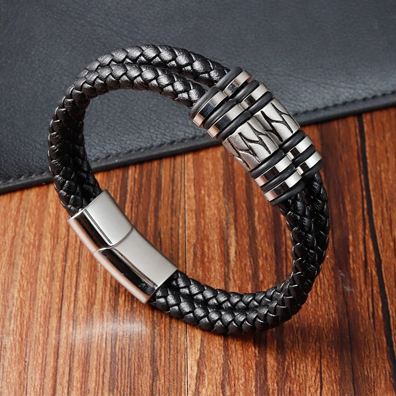 Double Layer Charm Adjustable Black Leather Bracelet Fashion Personalized Jewelry Bangles With Magnetic Clasp