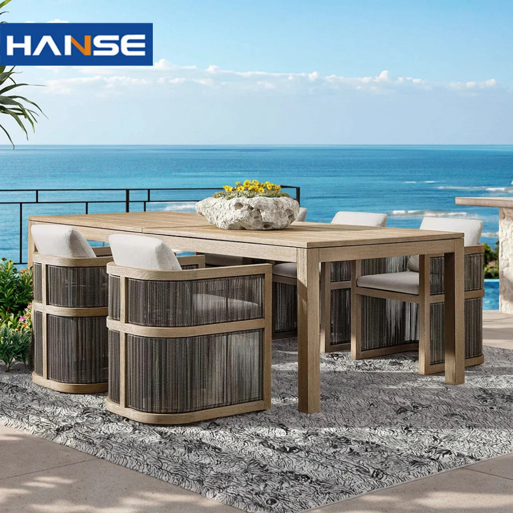Outdoor Garden Used Restaurant Furniture Outdoor Large Rattan Teak Wood Tables Dining Set With Chairs