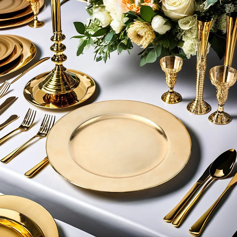 Antique Gold Plastic Charger Plates Wedding Decoration Plastic Dinner Plates for Table Setting Party