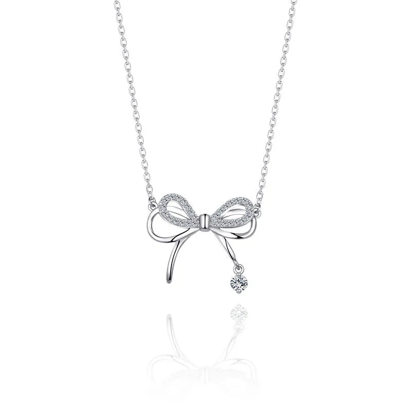 Real Silver Shiny Zircon Bowknot Pendant Necklace Sparkling Elegant Pendant Necklace for Women