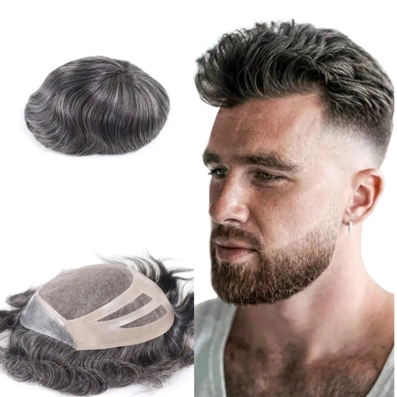 Indian Hair Mixed 30% Gray Full Lace Body Wave Toupee for Men Four Holes Natural Hairline 6 Inches 80%-130% Density Sinoland