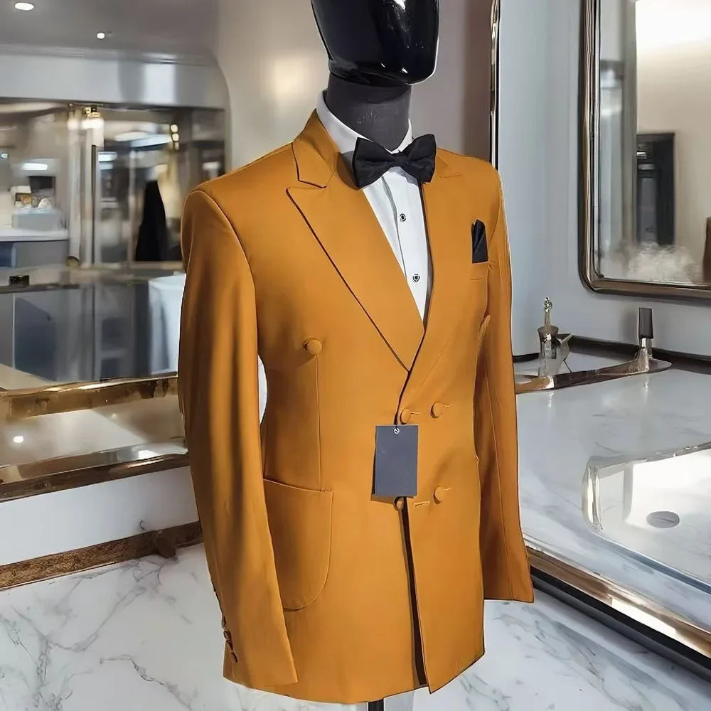 Double Breasted Luxury Men Suits Solid Color Peaked Lapel Regular Length 2 Piece Jacket Pant for Prom Party Costume Homme Blazer