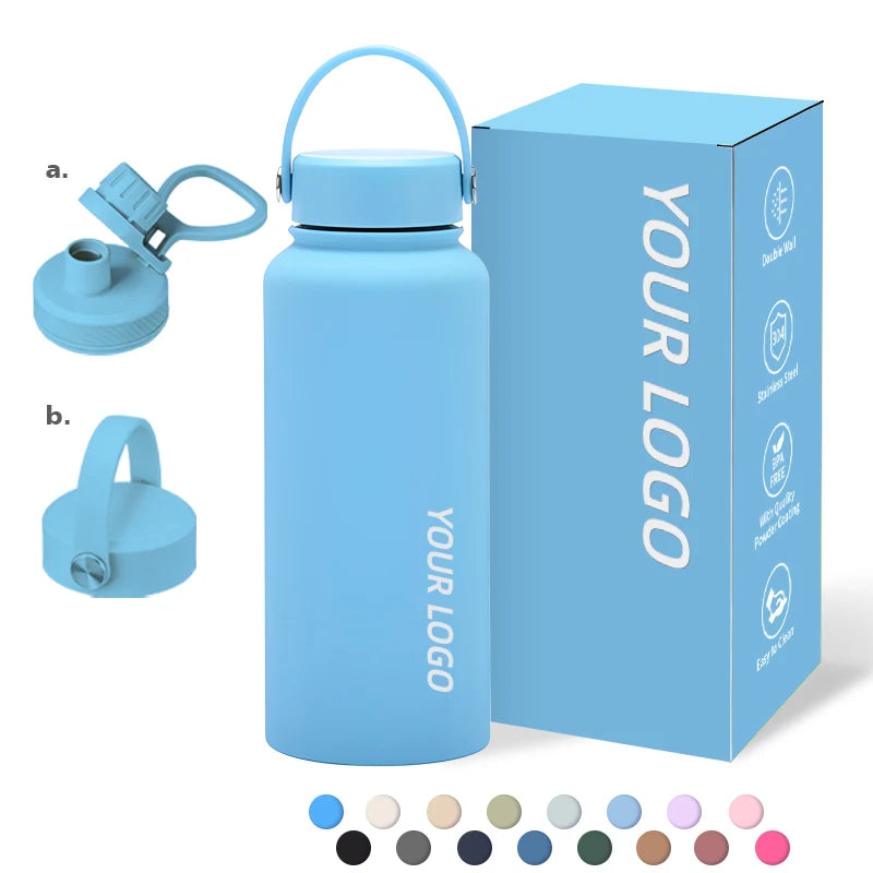 Portable 1L Stainless Steel Bottle Double Wall Insulated Vacuum Flask Matte Rubber Powder Coated Metal Water Bottle for Sports