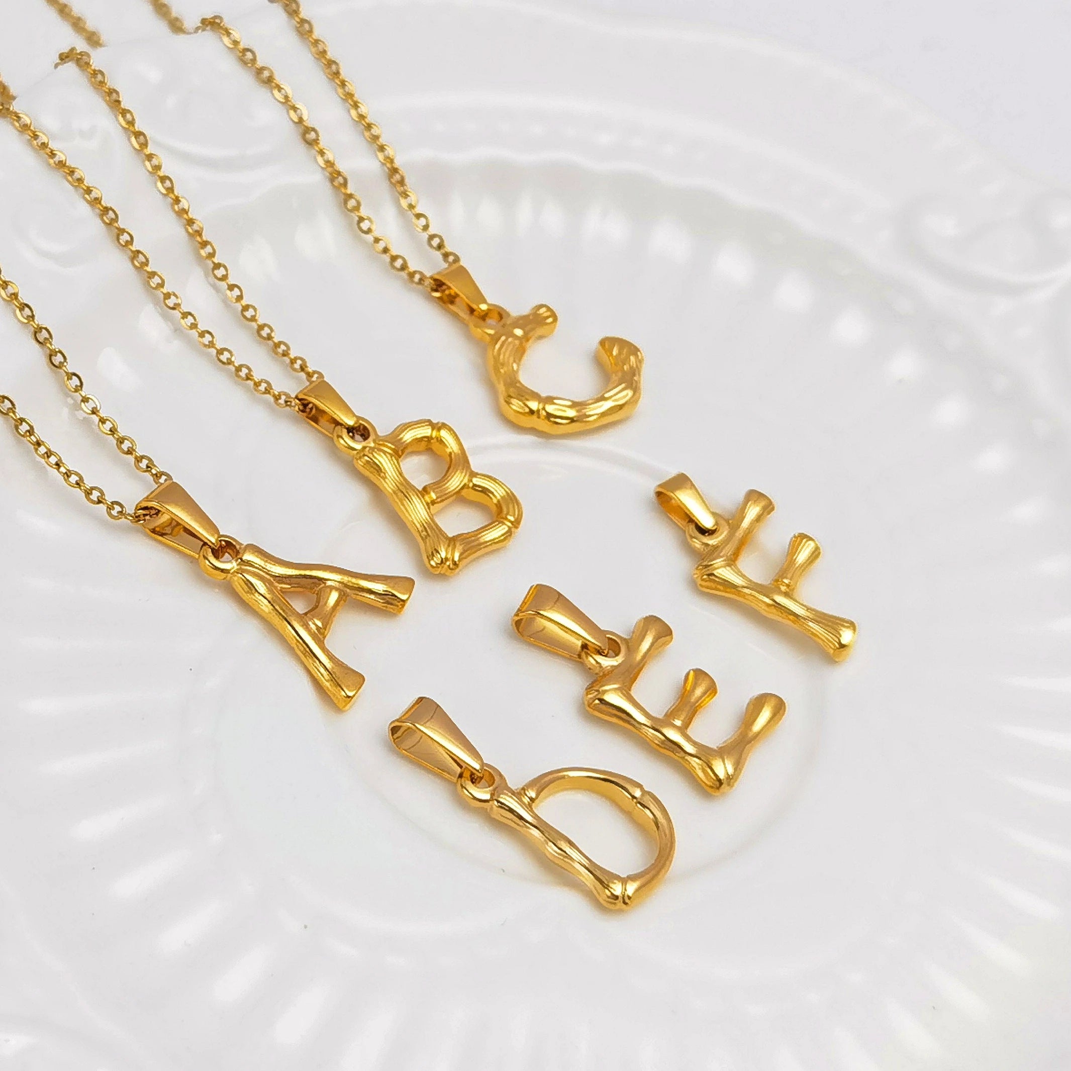 18K Gold PVD Vacuum Plated Bamboo Letter Pendant Necklace Bamboo Initial Alphabet Charm Necklaces DIY Personalized Wholesale