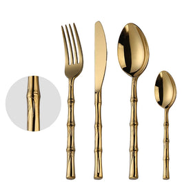 Reusable Bamboo Shaped Handle Golden Flatware Spoon and Fork Stainless Steel Cutlery Set