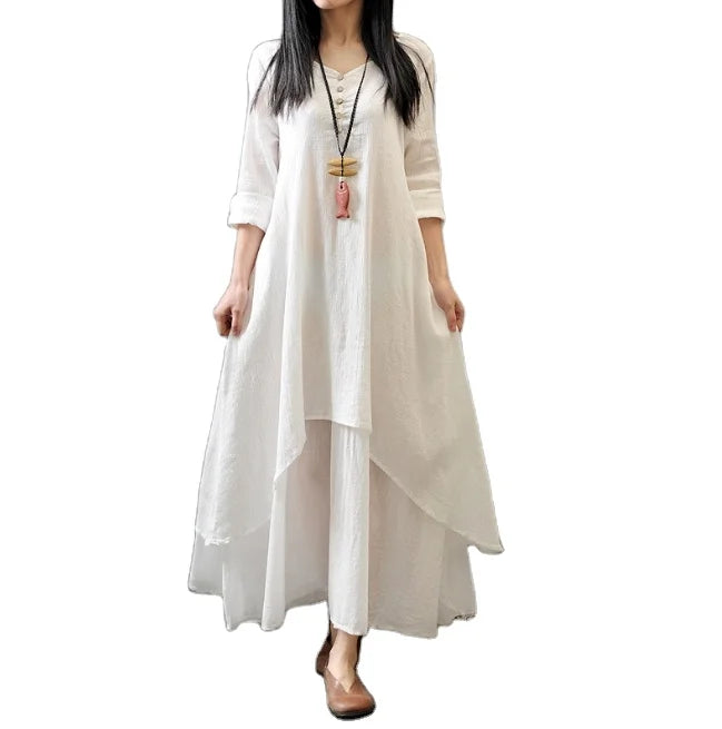 New Women's Art Cotton and Hemp Large Swing Irregular Loose Long Sleeved Dress