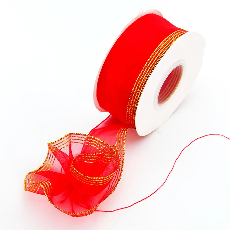 Wholesale Eco-Friendly DIY Wedding Decoration Pull Flower Bow Gift Wrapping Woven Organza Ribbon 100% Nylon Gold Thread 1 1/2"