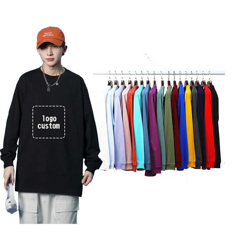 Factory Wholesale 230 Grams Round Neck 100% Cotton T Shirts Dopped Shoulder Loose Version Long Sleeve Embroidered logo t Shirt