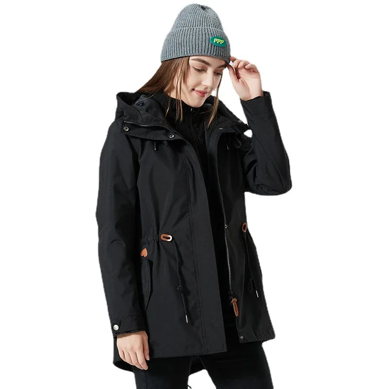 Women's Casual Waterproof Windproof 3-in-1 Varsity Safari Jacket Breathable Ski Hood Polyester Rain Fleece Long Length POCKET