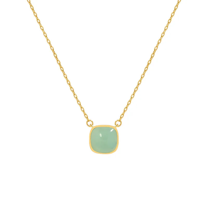 18k Gold Plated Light Green Enamel Necklace 925 Sterling Silver Square Agate Stone Necklace for Women Girls