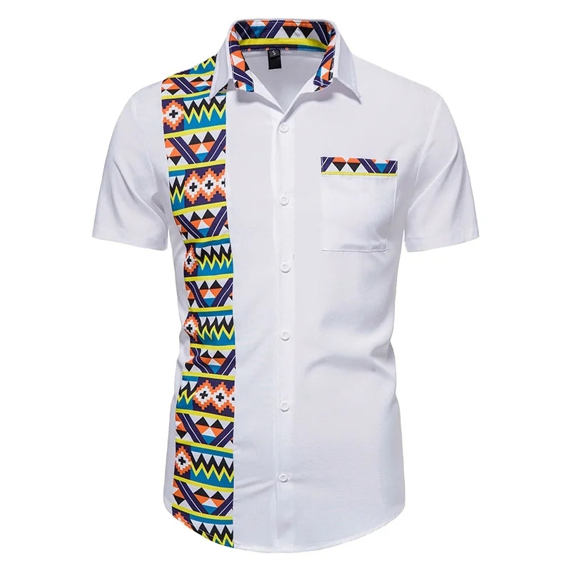 Men's African Print Patchwork Design Short Sleeve Turn Down Shirt Traditional Shirt