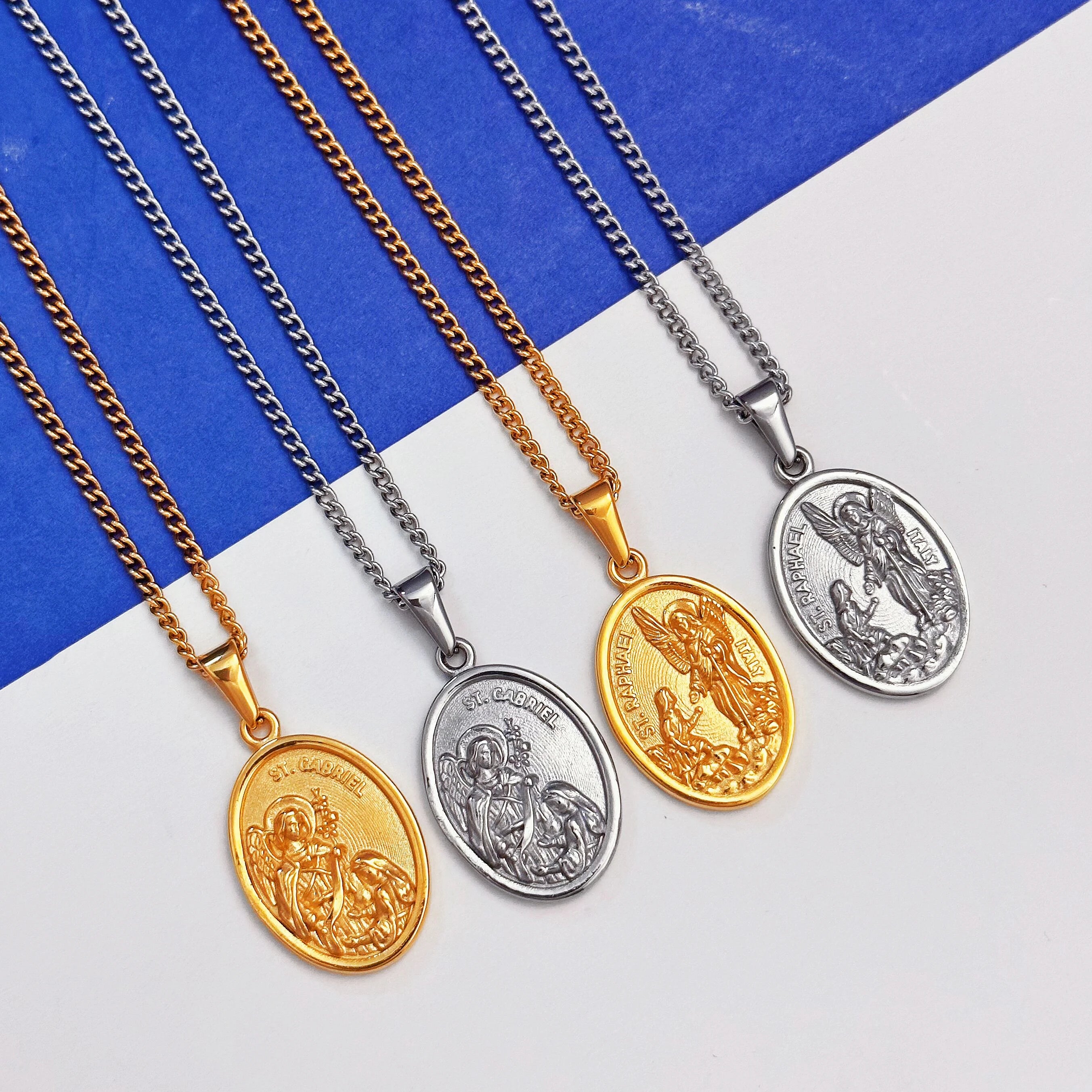 Religious Saint Gabriel Raphael Medallion Necklace Stainless Steel Archangel St.Raphael Necklace Women Men Pray for Us Jewelry