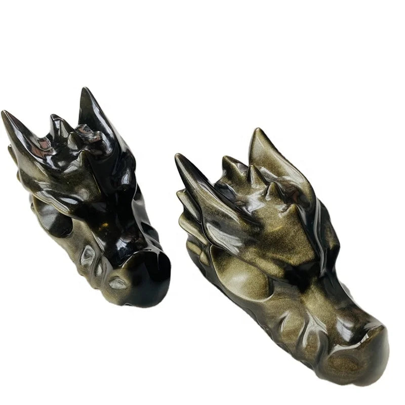 Wholesale Customized Golden Crystal Skulls High Polished Handmade Gold Obsidian Dragon Head Skulls
