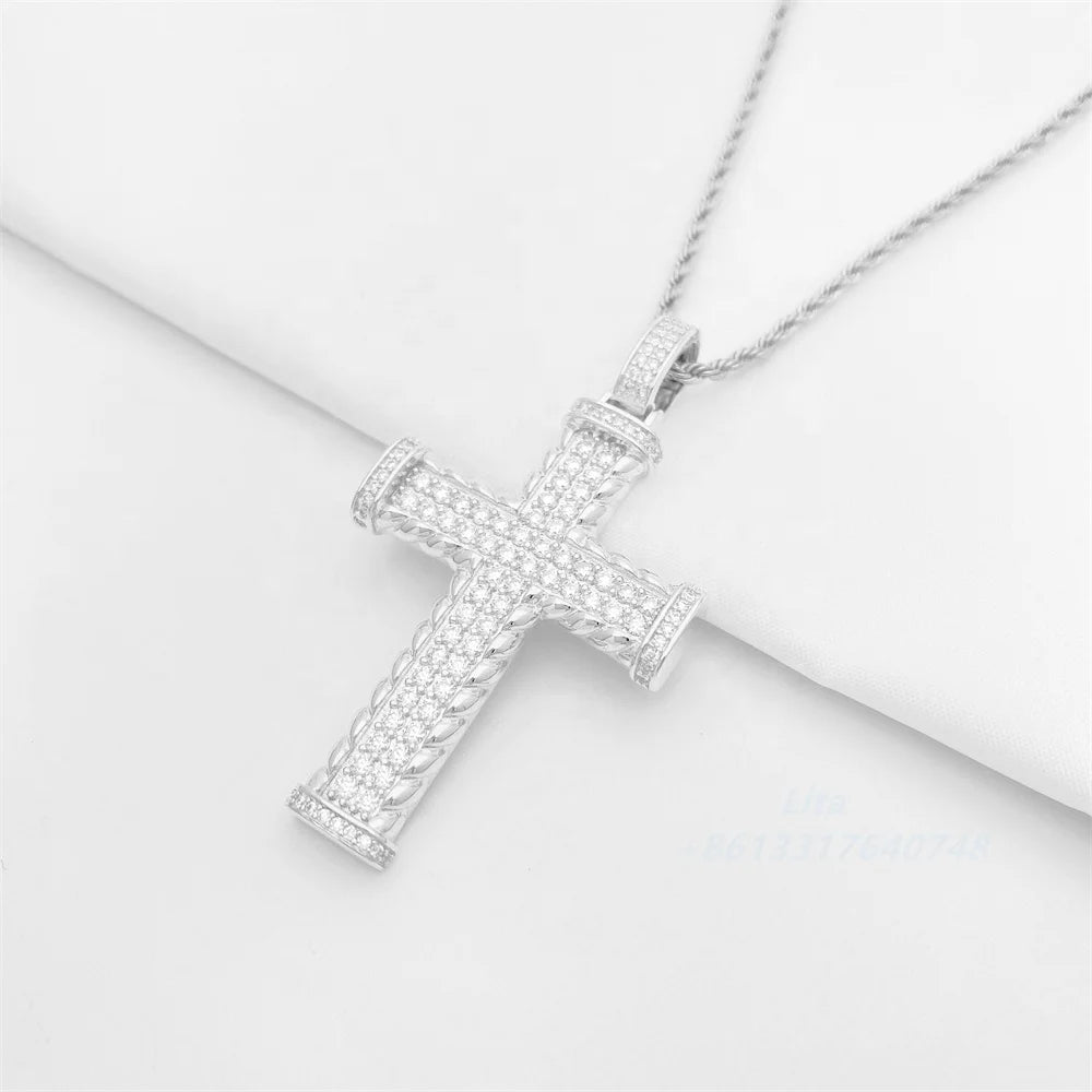 Fashion Bling  Sterling Silver Jewelry Moissanite Pendant Cross Jewelry Roses Diamond Pendant Cross Necklace