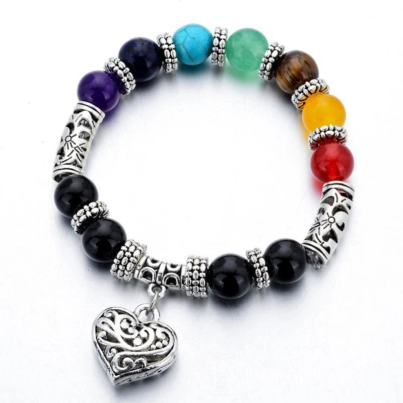 Colorful 8mm Natural Gemstone Trendy Party Yoga Energy Beaded Bracelet Heart-Shaped Pendant Hand String Chakra Women's