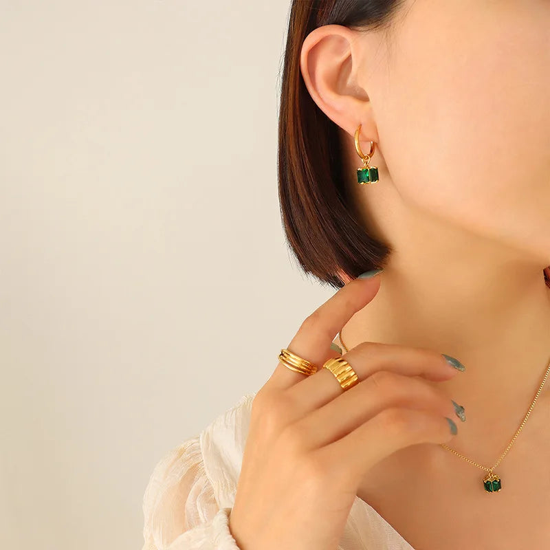 Moge Vintage Prong Setting Square Dark Green Emerald Zircon Necklace Earrings Fine Jewelry Zirconia Jewelry Sets for Women