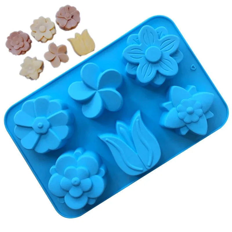 6-Cavity Non-Stick Silicone Flowers Shaped Mold Mixed Tulip & Daisy Cake Tools for Candy Chocolate Jelly Ice Cube Tray
