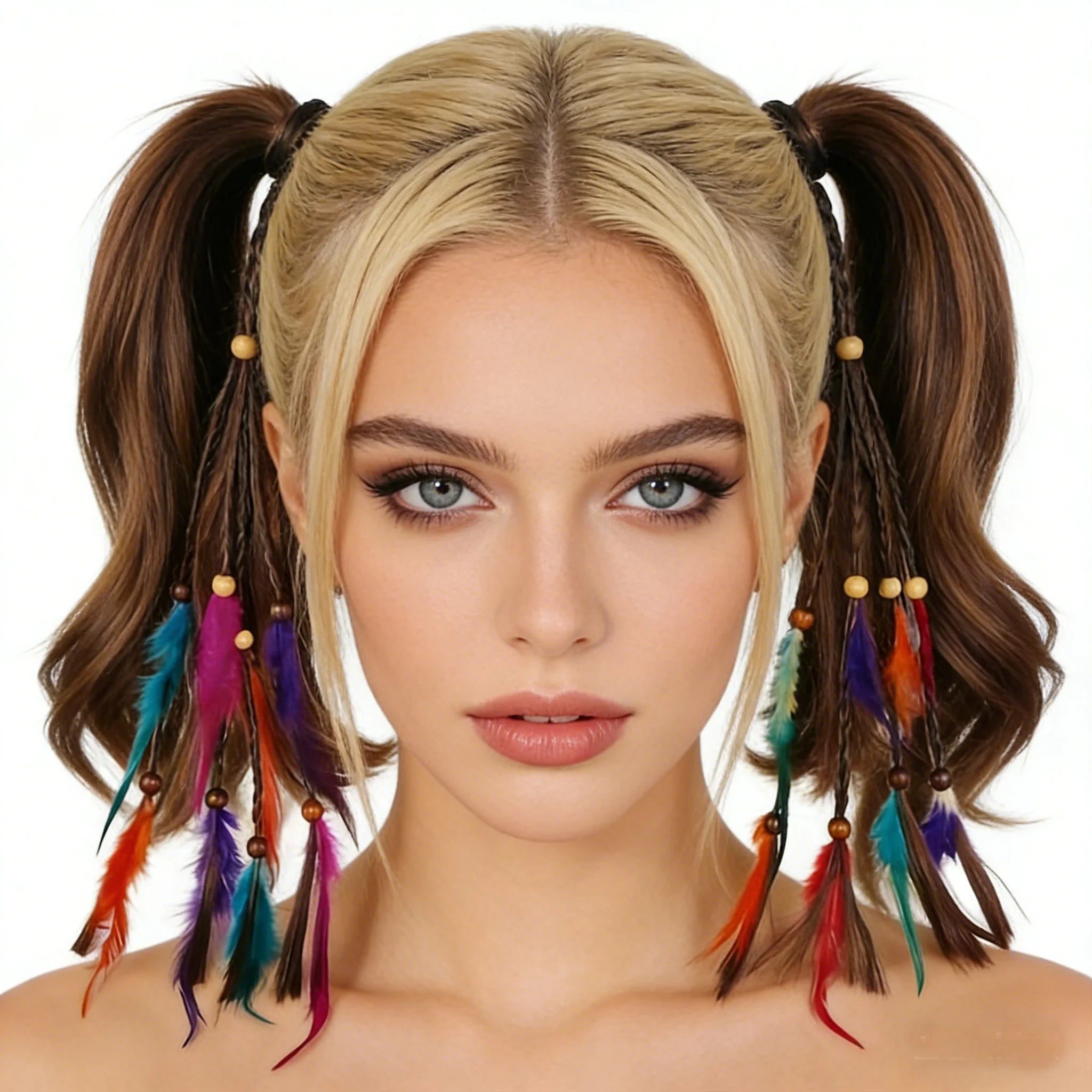 Handmade Leather Rope Colorful Feather Headbands Wood Beads Boho Hair Accessories Fashion Jewelry