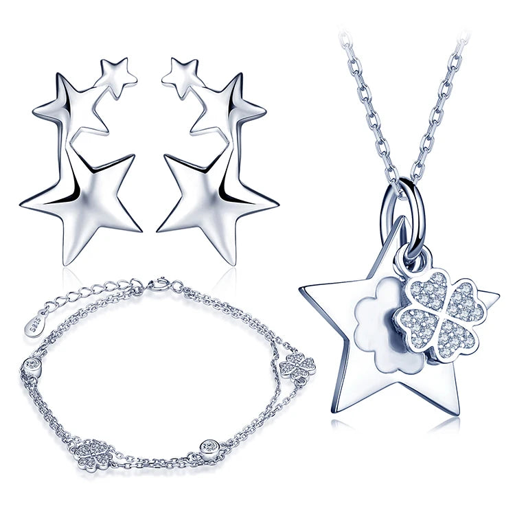 925 Silver Star Ear Climber Bracelets Necklaces Women's Trendy Jewelry Sets for Wedding Engagement Anniversary Gift Zircon