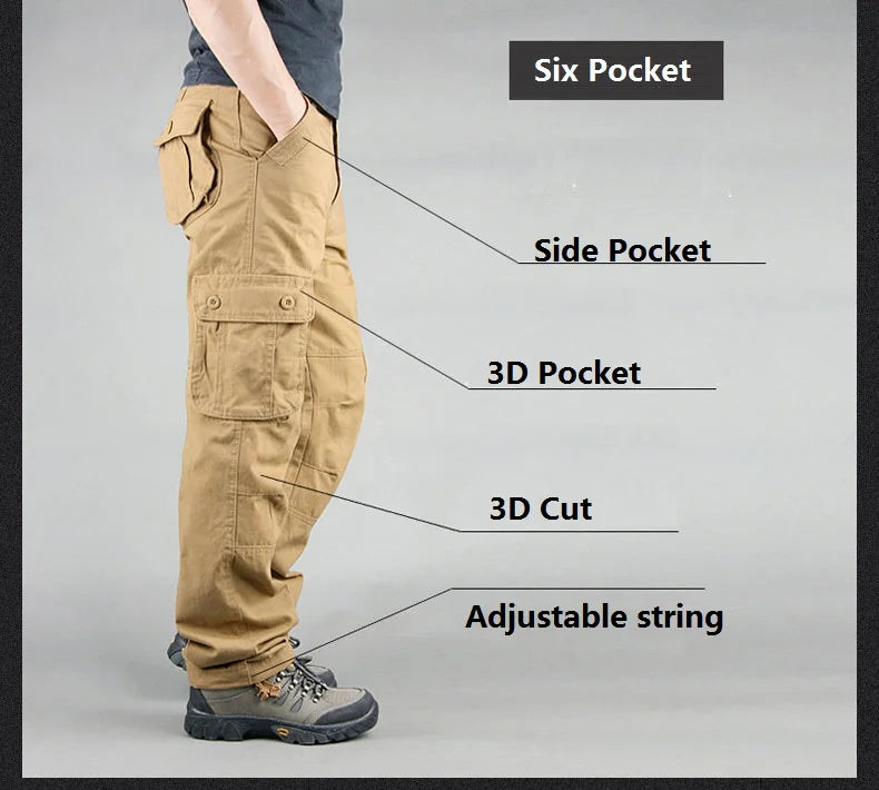 Men's 6 Pocket Cargo Relaxed Fit Work Pants with 3D Pockets and Adjustable Ankle Drawstring Durable Cotton Tactical Trousers