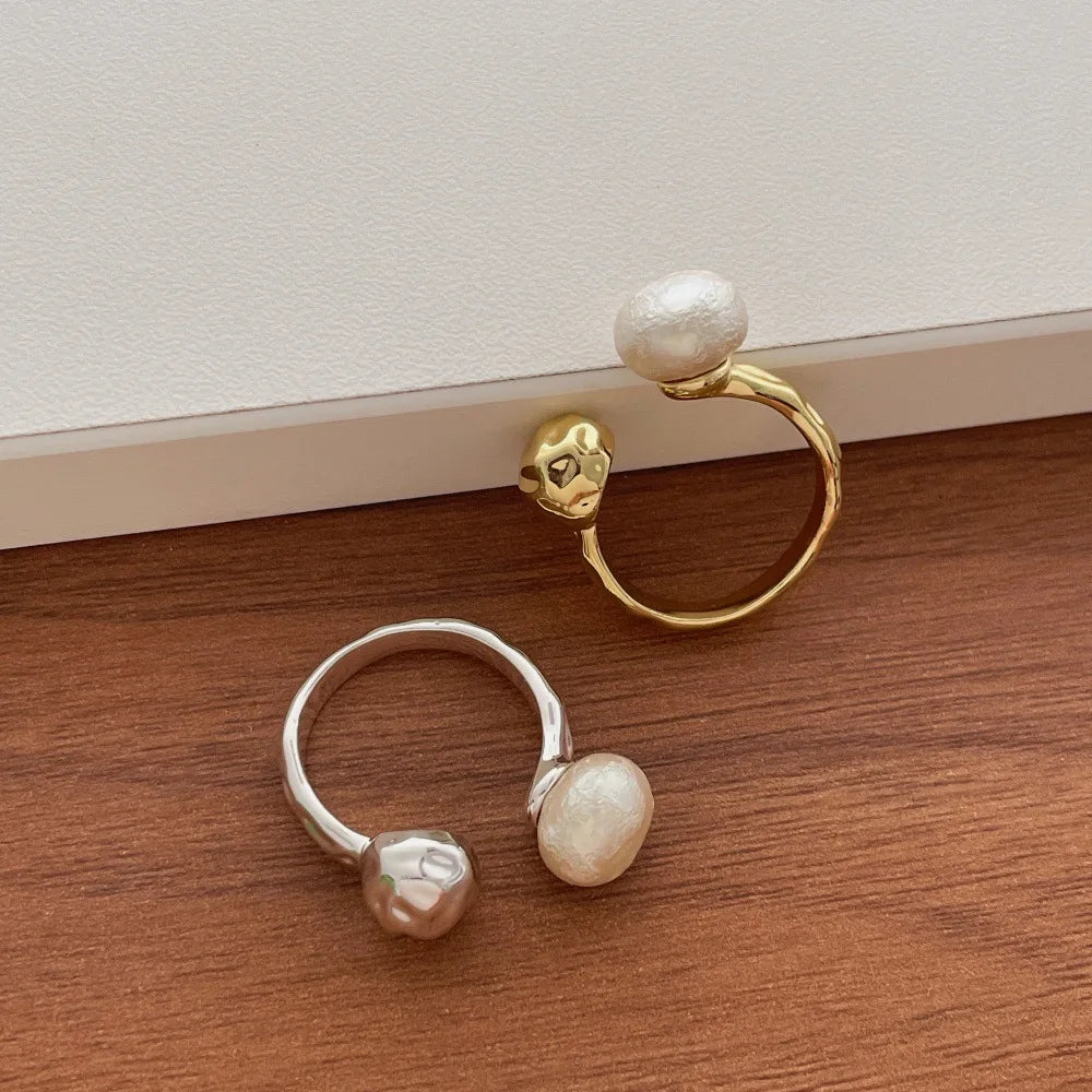 Wholesale Irregular Baroque Pearl Open Cuff Rings Two Tone Textured Metal Adjustable Rings Trendy Minimalist Women Jewelry