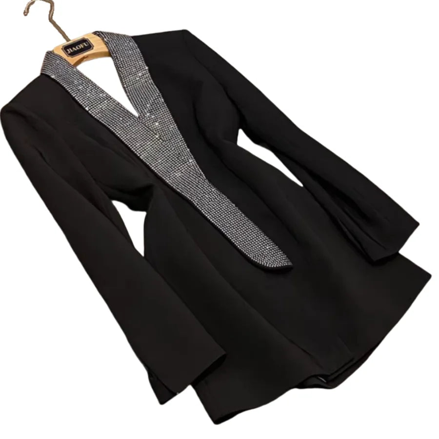Shinny Chic Rhinestone Shawl Collar High Street Backless Lady Office Casual Coat Women Long Sleeve Solid Blazer