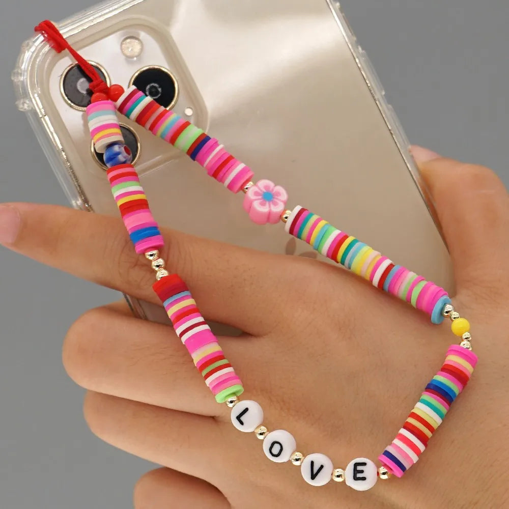 Smile Face Beaded Phone Lanyard Wrist Strap Fruit Star Letter Pearl Handmade Rainbow Polymer Clay Acrylic Beads Pearl Bracelet