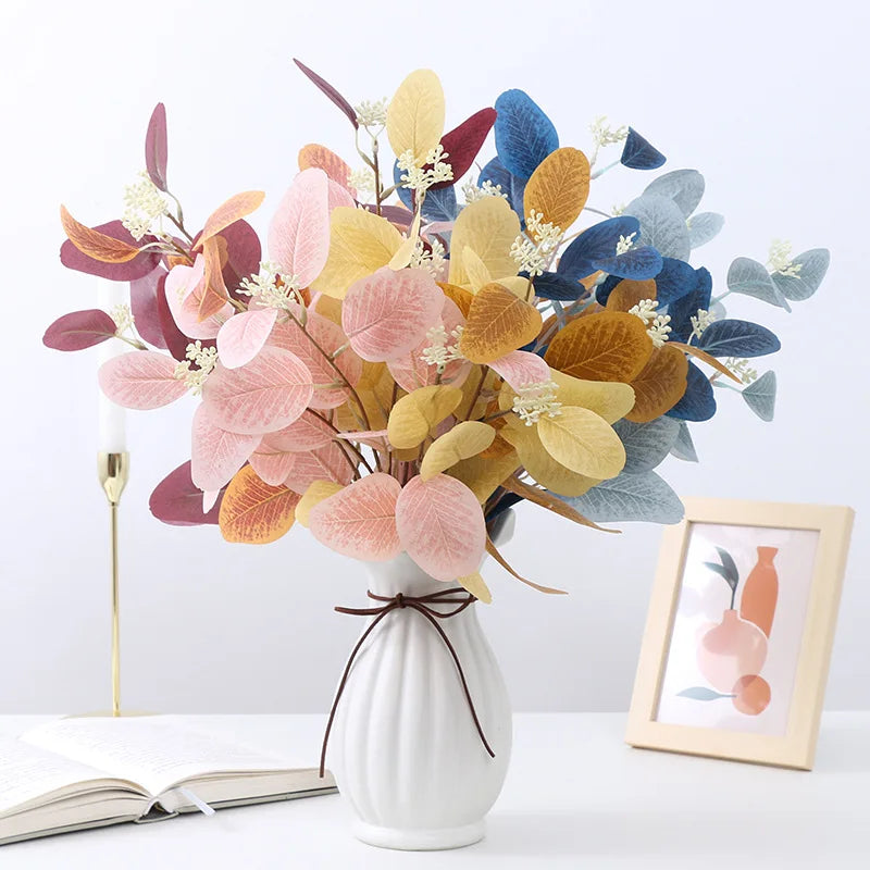O-X677 Wholesale Green Blue Silk Colorful Eucalyptus Leaves Home Wedding Decor Artificial Plants Eucalyptus Stems