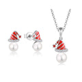 QX Custom OEM Christmas Red Hat Necklaces Earrings Luxury Women 925 Sterling Silver Cubic Zirconia Pearl Fine Jewelry Set