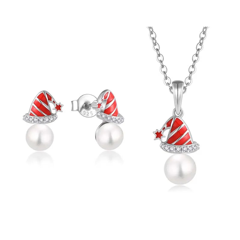 QX Custom OEM Christmas Red Hat Necklaces Earrings Luxury Women 925 Sterling Silver Cubic Zirconia Pearl Fine Jewelry Set