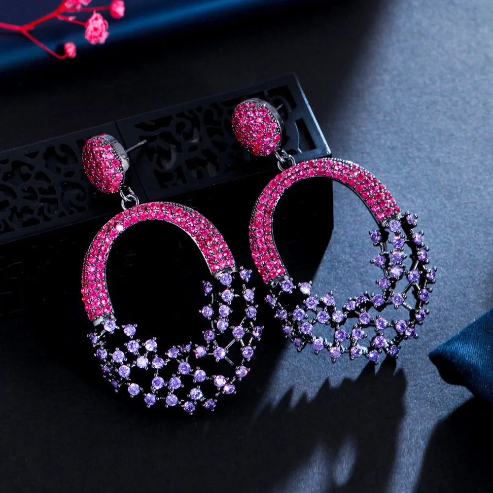 Elegant Hollow Out Purple Red Cubic Zirconia Crystal Engagement Wedding Big Dangle Earrings for Women Dress Jewelry