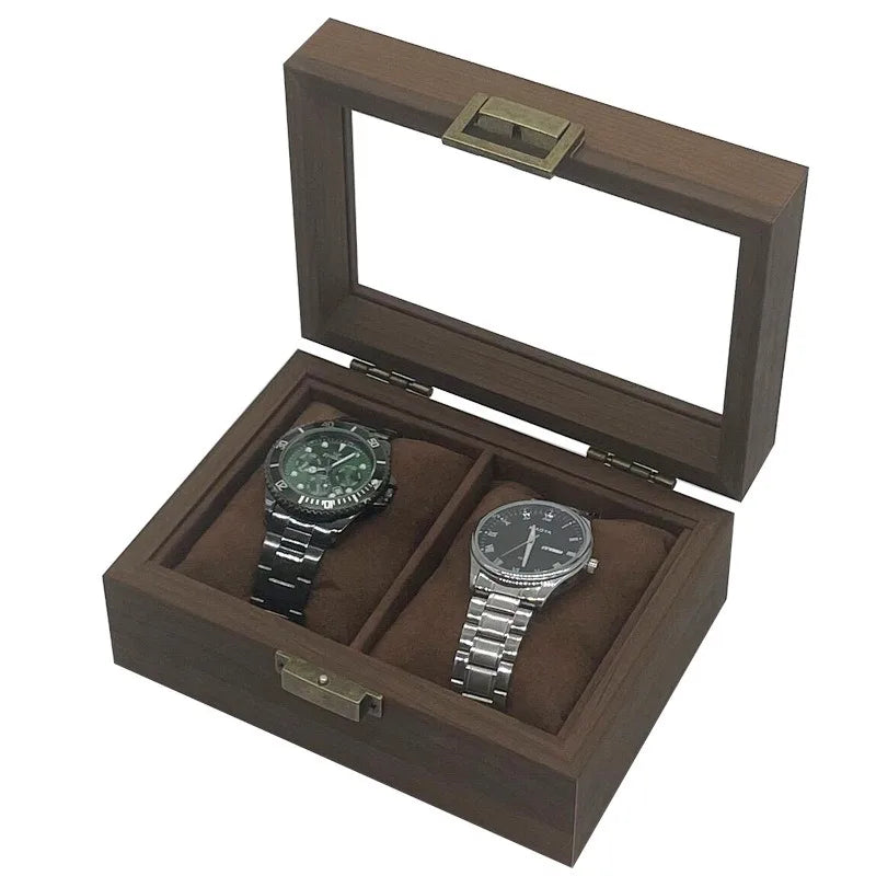 2 Slot Retro Dark Walnut Wooden Watch Bracelet Jewelry Show Storage Box Case with Glass Lid New Product