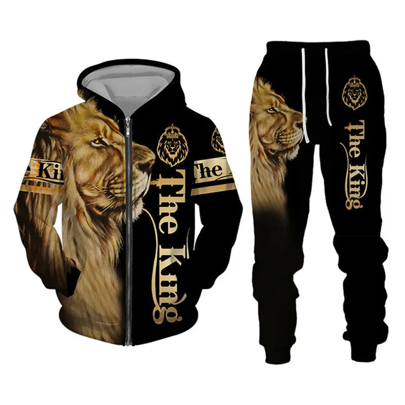 Customized Casual Streetwear  lion 3D Digital Printed Man and Women of  Children's and Adult  Zippered Oversized Hoodie Set