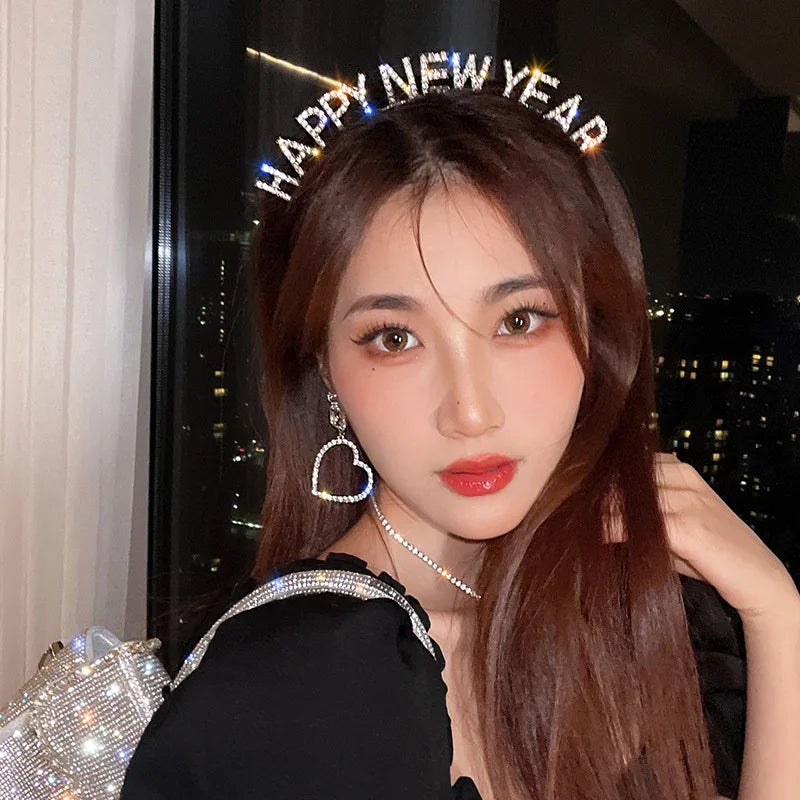 Diadema Bling Bling Shiny Rhinestone Diamond Happy New Year Headband Party Letters Hair Hoops Fascia Per Capelli