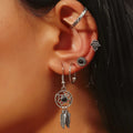 5pcs Boho Silver Plated Dream Catcher Pendent Earrings Simple Geometrical Round Stud Earring Set Vintage Drop Ear Clip Jewelry