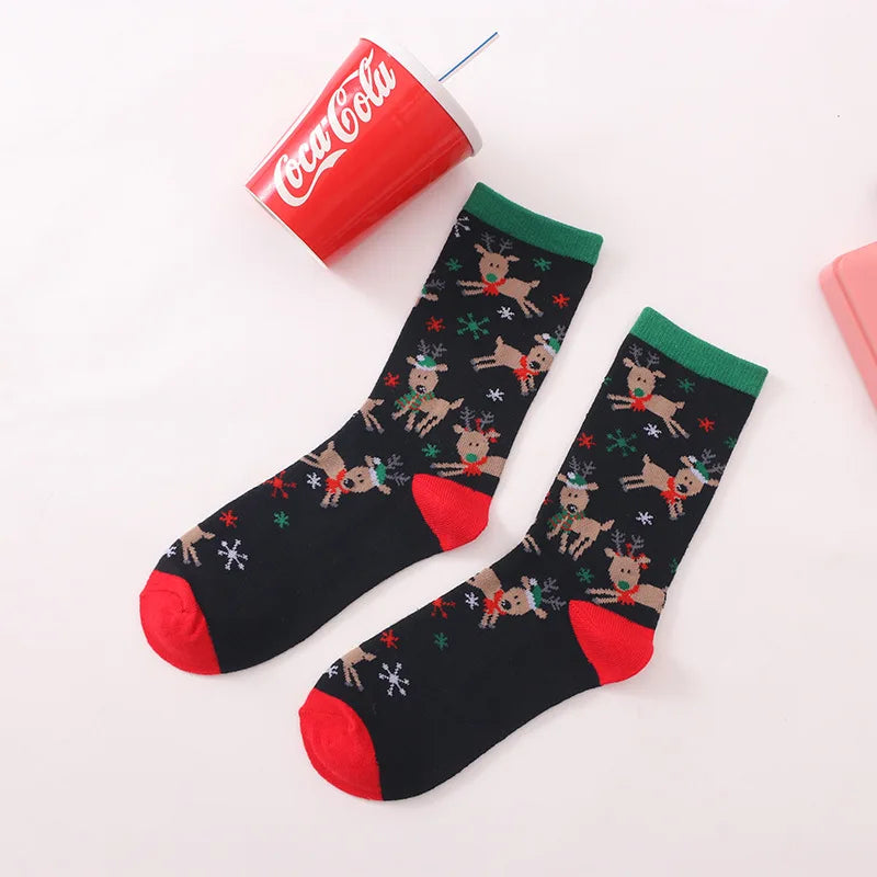 New Year Winter Crew Socks with Elk and Snowman Patterns Digital Printed with Bottom and Cuff Logo Santa Style