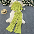 Woman's Solid Color Set Cross Lace-Up Waist V-Neck Lantern Sleeve Cotton Shirt High Waist Wide Leg Pants Long Length Top Shorts MegaBDM