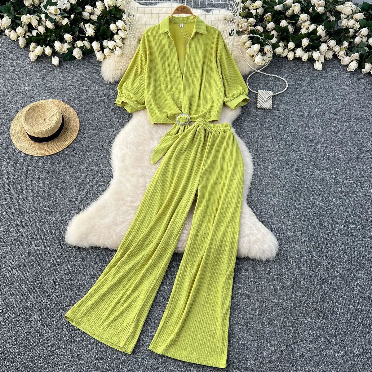 Woman's Solid Color Set Cross Lace-Up Waist V-Neck Lantern Sleeve Cotton Shirt High Waist Wide Leg Pants Long Length Top Shorts MegaBDM
