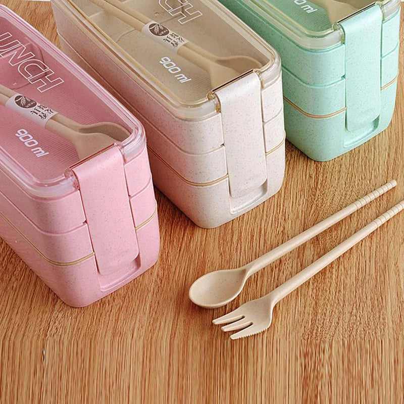 Portable 3 Layer Rectangle Food Container Reusable Custom Logo Eco-Friendly Wheat Straw Lunch Box Modern Kids Tiffin Bento