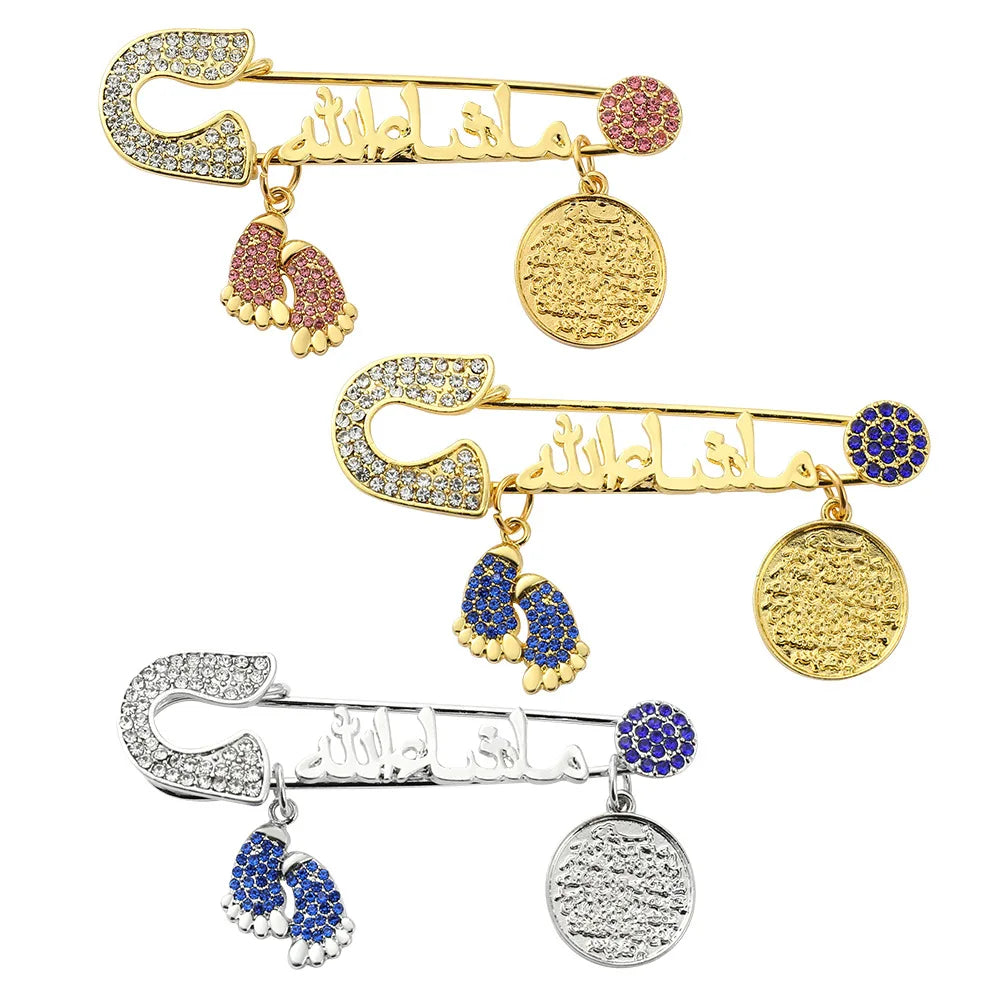 Personality Rhinestone Mashallah Letters Foot Charm Brooch Retro Turkish Blue Eye Baby Pin Brooch (KBL096)